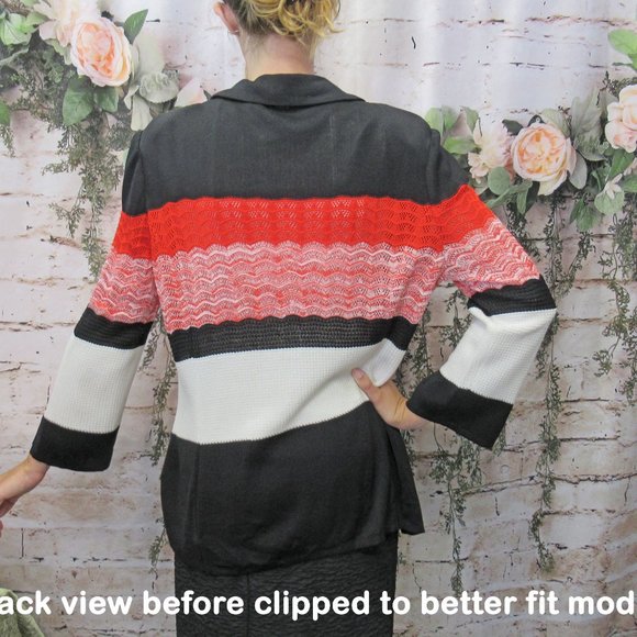 MISOOK knit blazer, Red/black/white striped, V neck with collar, 1 front button - Picture 5 of 10